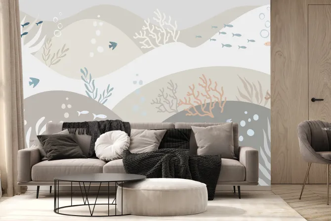 Fototapeta: Minimalistyczny wzór z rybami w pastelowym podwodnym świecie