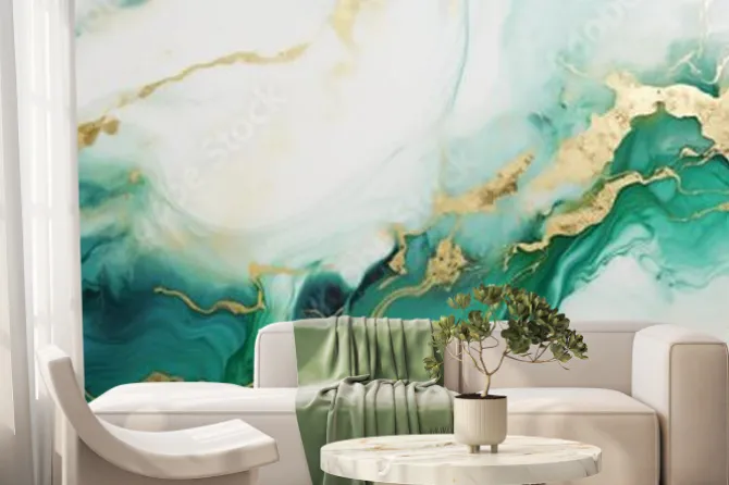 Fototapeta: Modern green marble with gold texture, watercolor abstract background,