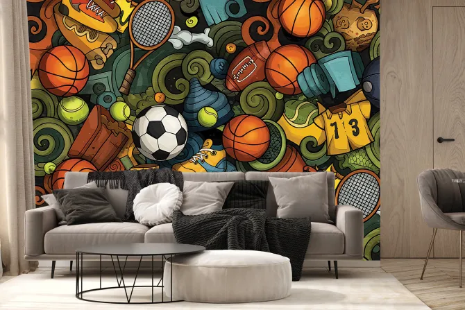 Fototapeta: Młodzieżowy wzór z piłkami i butami w stylu sportowym