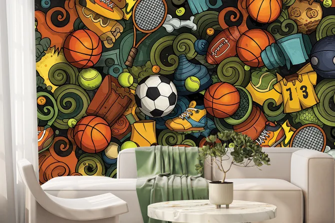 Fototapeta: Młodzieżowy wzór z piłkami i butami w stylu sportowym