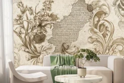 Fototapeta: Monochromatyczny wzór rośliny na tle ceglanego muru