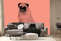 Fototapeta: Mops pies ilustracja w stylu akwareli na koralowym tle