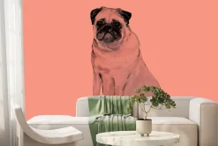 Fototapeta: Mops pies ilustracja w stylu akwareli na koralowym tle