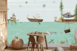 Fototapeta: Morski motyw dla dzieci zwierzątka w łódkach i ryby