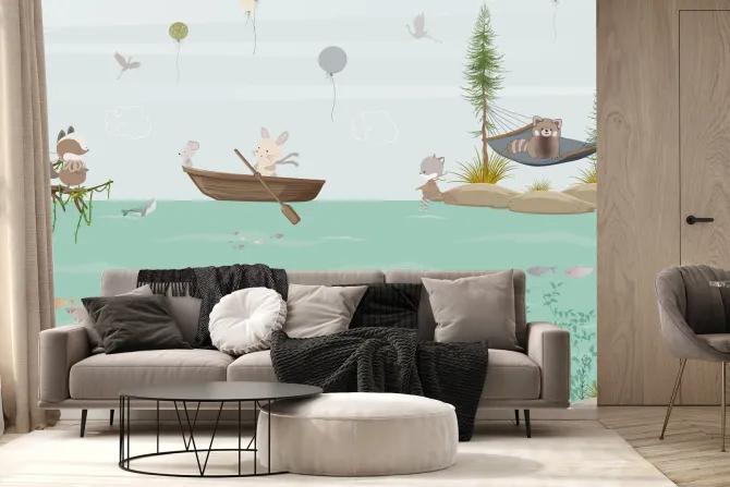 Fototapeta: Morski motyw dla dzieci zwierzątka w łódkach i ryby