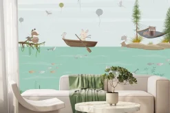 Fototapeta: Morski motyw dla dzieci zwierzątka w łódkach i ryby