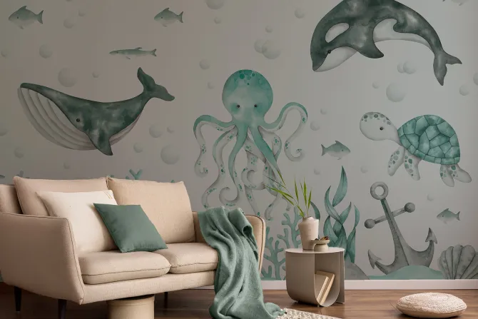 Fototapeta: Morski świat z rybami i ośmiornicą