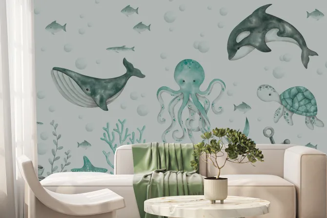 Fototapeta: Morski świat z rybami i ośmiornicą