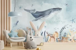 Fototapeta: Morski świat z wielorybem i zwierzętami w stylu akwareli ilustracja