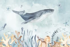Fototapeta: Morski świat z wielorybem i zwierzętami w stylu akwareli ilustracja