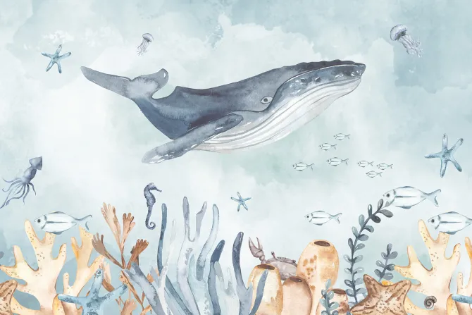 Fototapeta: Morski świat z wielorybem i zwierzętami w stylu akwareli ilustracja