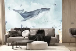 Fototapeta: Morski świat z wielorybem i zwierzętami w stylu akwareli ilustracja
