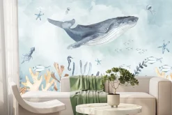 Fototapeta: Morski świat z wielorybem i zwierzętami w stylu akwareli ilustracja