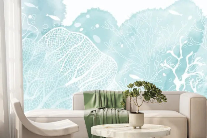 Fototapeta: Morski wzór z koralowcami i rybkami w błękicie