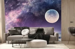 Fototapeta: Morze z ogromnym księżycem i gwiaździstym niebem