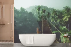 Fototapeta: Most linowy w mglistej dżungli z palmami