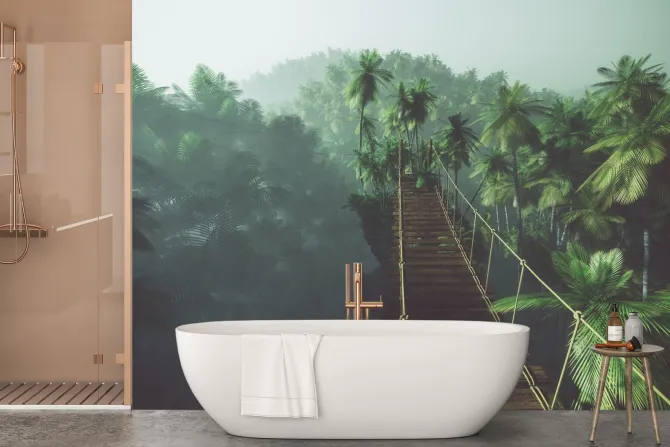 Fototapeta: Most linowy w mglistej dżungli z palmami