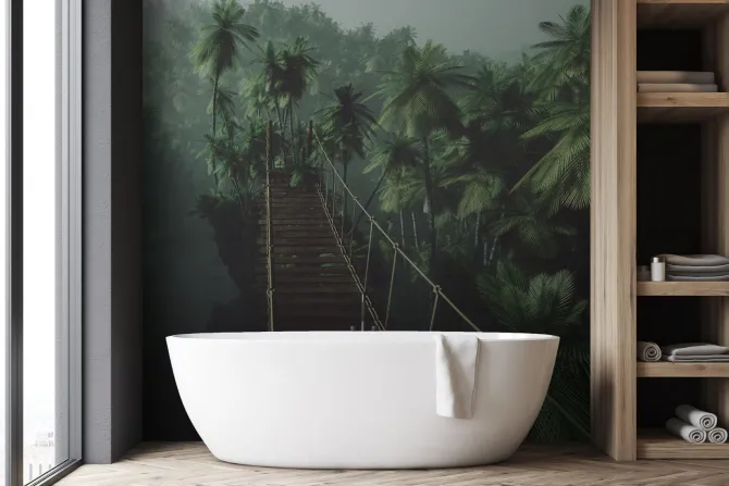 Fototapeta: Most linowy w mglistej dżungli z palmami