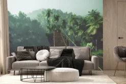 Fototapeta: Most linowy w mglistej dżungli z palmami