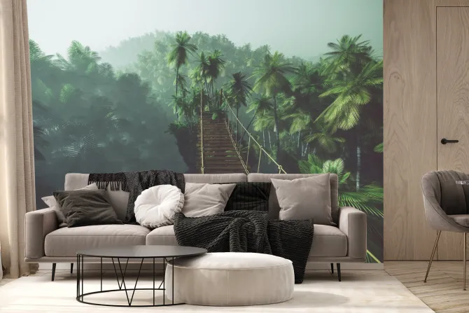 Fototapeta: Most linowy w mglistej dżungli z palmami