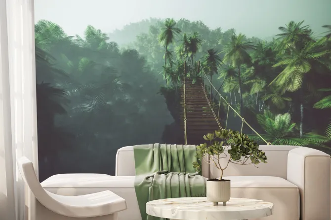 Fototapeta: Most linowy w mglistej dżungli z palmami