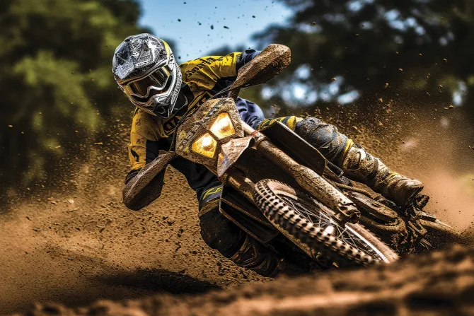 Fototapeta: Motocyklista jadący po piachu