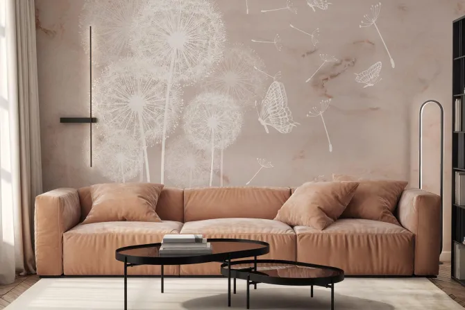 Fototapeta: Motyle i białe dmuchawce na marmurowym tle botaniczny wzór