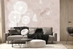 Fototapeta: Motyle i białe dmuchawce na marmurowym tle botaniczny wzór