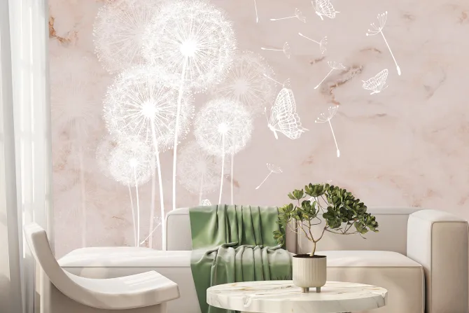Fototapeta: Motyle i białe dmuchawce na marmurowym tle botaniczny wzór