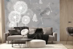 Fototapeta: Motyle i białe dmuchawce na marmurowym tle botaniczny wzór