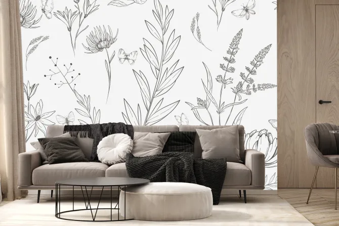 Fototapeta: Motyle i dzikie rośliny w minimalistycznym stylu naturalny wzór