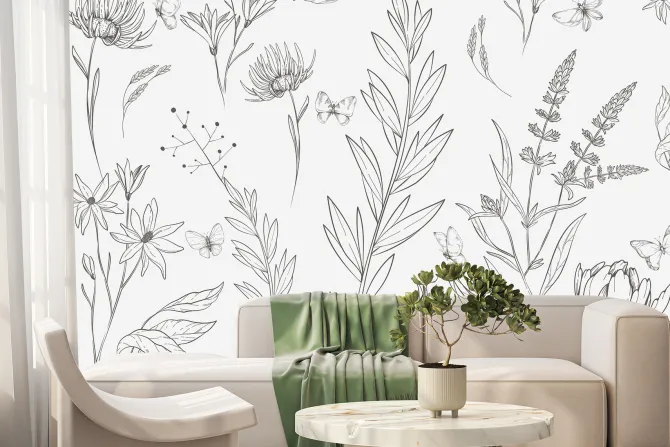 Fototapeta: Motyle i dzikie rośliny w minimalistycznym stylu naturalny wzór