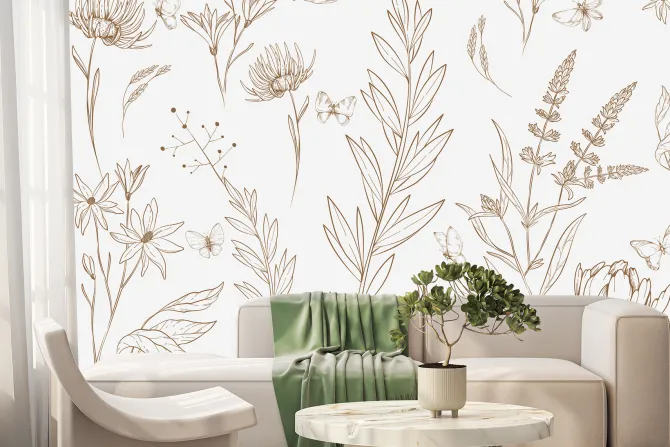 Fototapeta: Motyle i dzikie rośliny w minimalistycznym stylu naturalny wzór