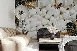 Fototapeta: Motyle i egzotyczne liście 3d na tle białych kamieni