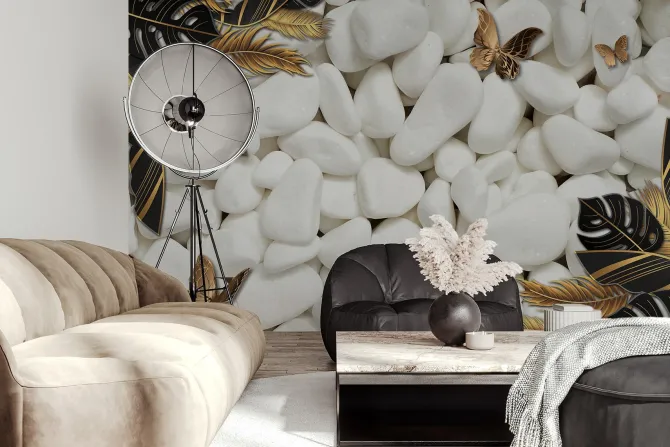 Fototapeta: Motyle i egzotyczne liście 3d na tle białych kamieni