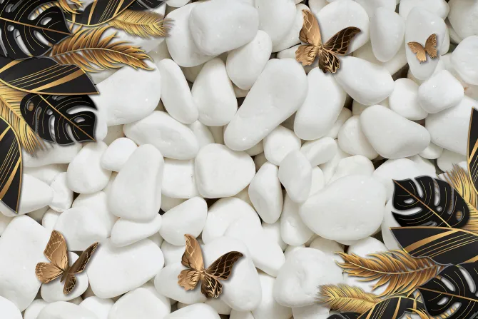 Fototapeta: Motyle i egzotyczne liście 3d na tle białych kamieni