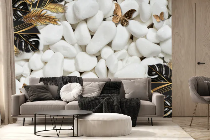 Fototapeta: Motyle i egzotyczne liście 3d na tle białych kamieni