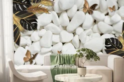 Fototapeta: Motyle i egzotyczne liście 3d na tle białych kamieni