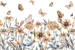Fototapeta: Motyle i kwiaty polne akwarelowa łąka na jasnym tle