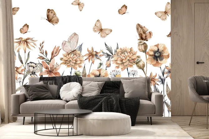 Fototapeta: Motyle i kwiaty polne akwarelowa łąka na jasnym tle