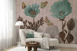 Fototapeta: Motyle i niebieskie kwiaty na tle z desek botaniczny wzór w stylu