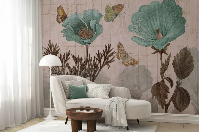 Fototapeta: Motyle i niebieskie kwiaty na tle z desek botaniczny wzór w stylu