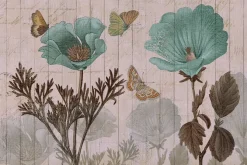 Fototapeta: Motyle i niebieskie kwiaty na tle z desek botaniczny wzór w stylu