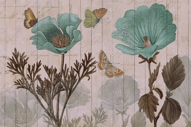 Fototapeta: Motyle i niebieskie kwiaty na tle z desek botaniczny wzór w stylu