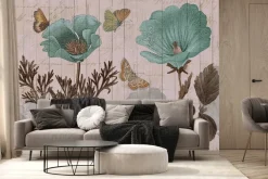 Fototapeta: Motyle i niebieskie kwiaty na tle z desek botaniczny wzór w stylu