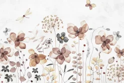 Fototapeta: Motyle i ważki w akwarelowym motywie kwiatów polnych na jasnym