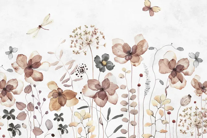 Fototapeta: Motyle i ważki w akwarelowym motywie kwiatów polnych na jasnym