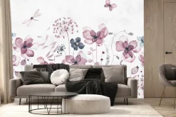 Fototapeta: Motyle i ważki w akwarelowym motywie kwiatów polnych na jasnym