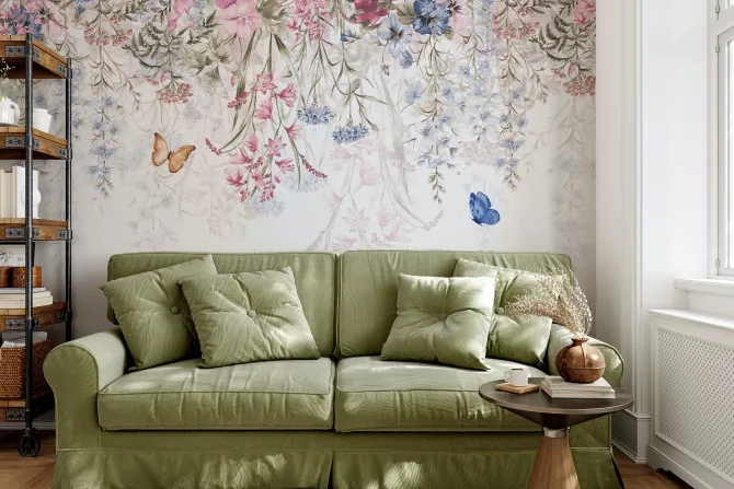 Fototapeta: Motyle i zwisające kwiaty polne na białym tle delikatny kwiatowy