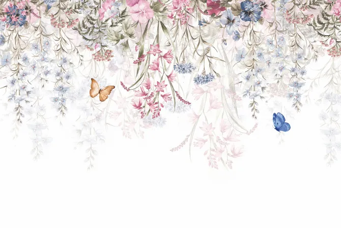 Fototapeta: Motyle i zwisające kwiaty polne na białym tle delikatny kwiatowy